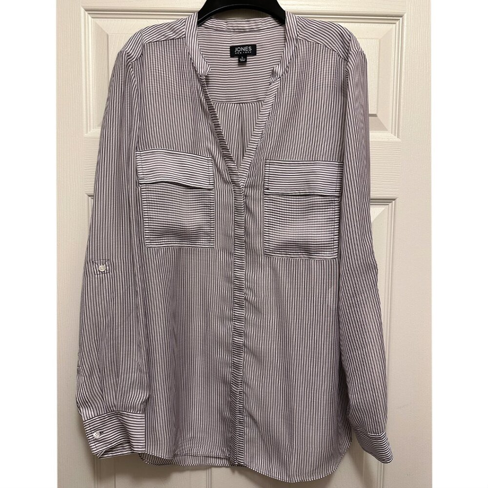 Jones New York Purple and White Stripe Roll Tab Sleeve Blouse, Size L